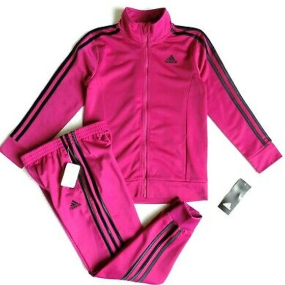 Adidas Girls SZ 5 Bright Pink 3 Stripe Jacket Set - Picture 1 of 3